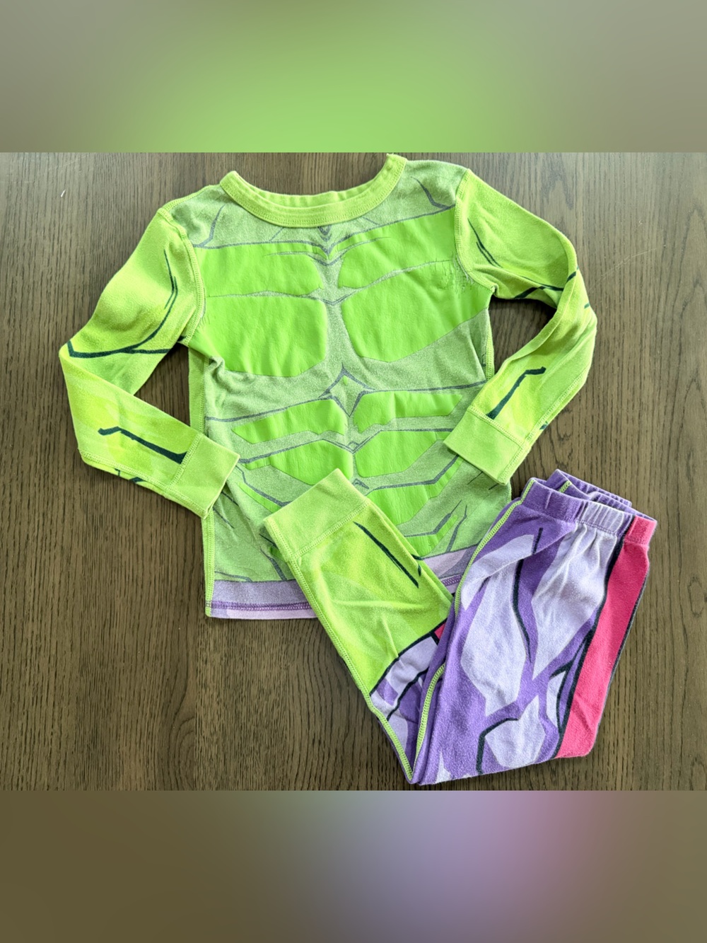 Marvel Kids Size 6 Neon Green and Purple Hulk Long Sleeve Pajamas